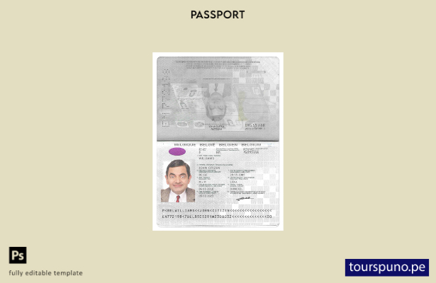 listo para imprimir plantilla PSD de pasaporte belga, plantilla versión (present